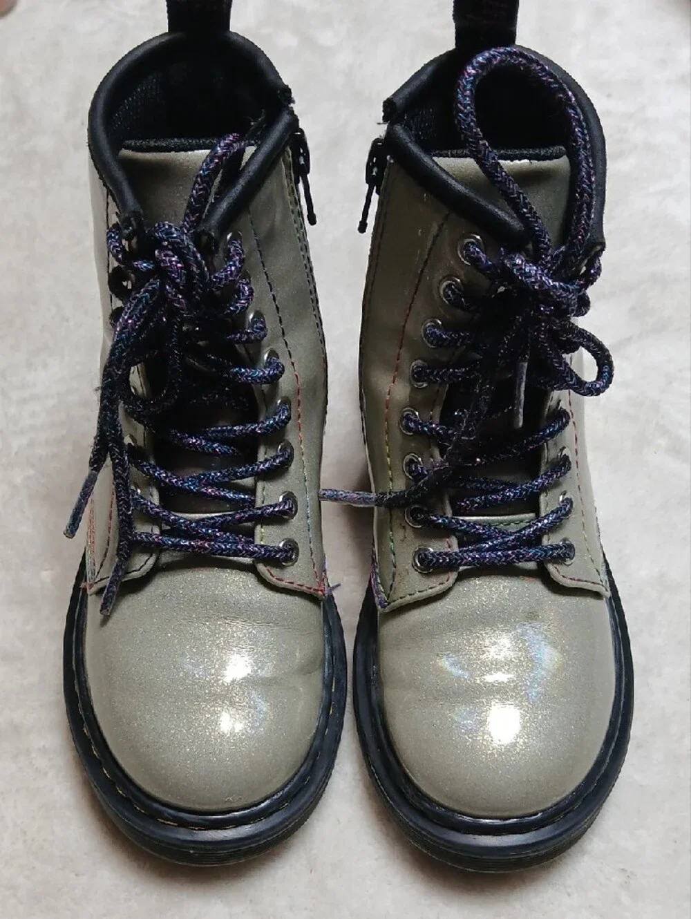 Dr. Martens Kids Iridescent Silver Combat Boots with Black Soles Size 12 Girl - Picture 2 of 8
